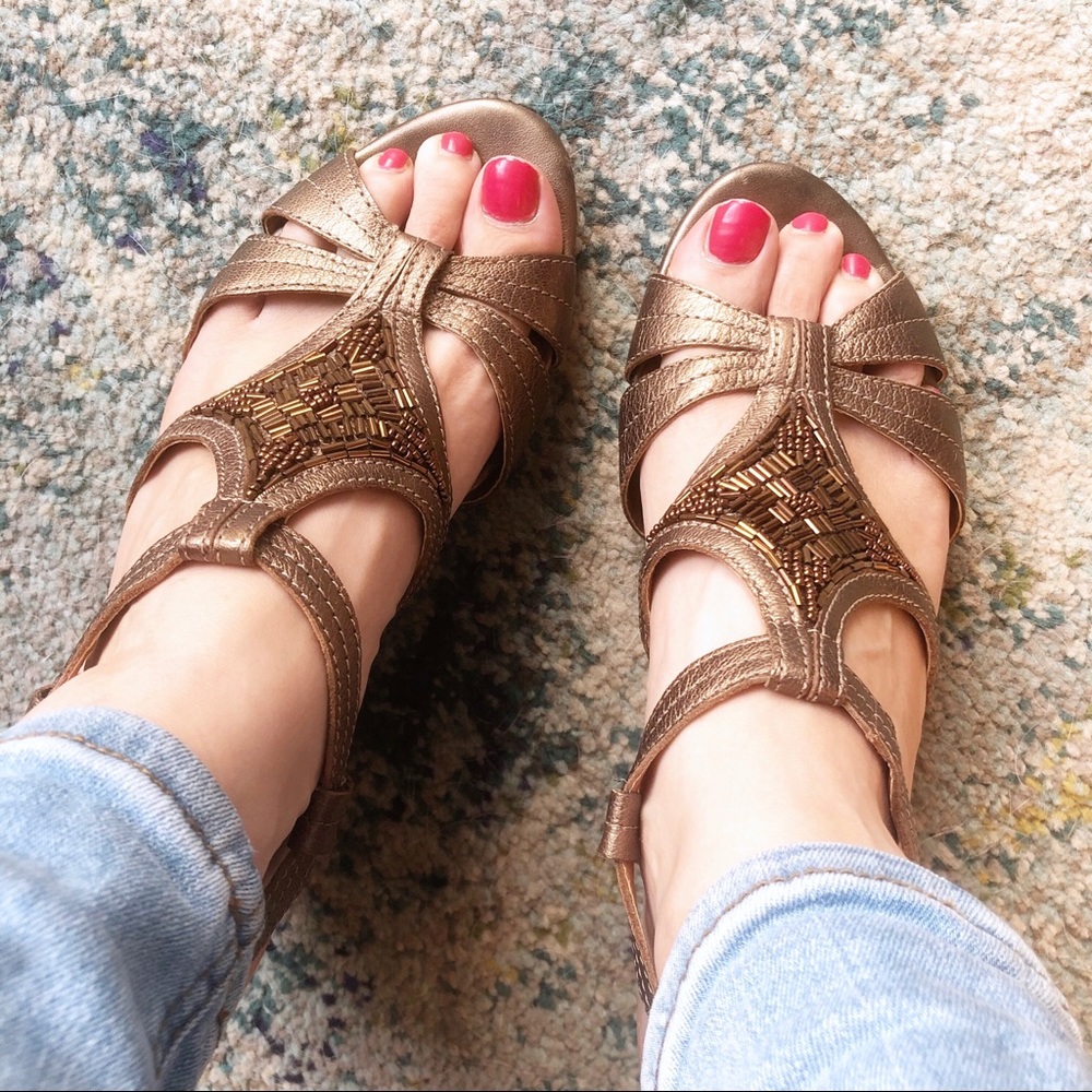 Clark’s Metallic Bronze Beaded Leather Cork Wedges